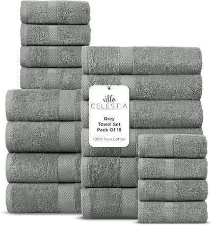 100% Cotton Bath Towel Set of 18-4 Bath Towels, 6 Hand Towels, 8 Wash Cloths, Sustainable, Soft, Highly Absorbent, Combed Cotton 18 Piece Set for Hotels, Spa, Bathroom, Dorm, Grey