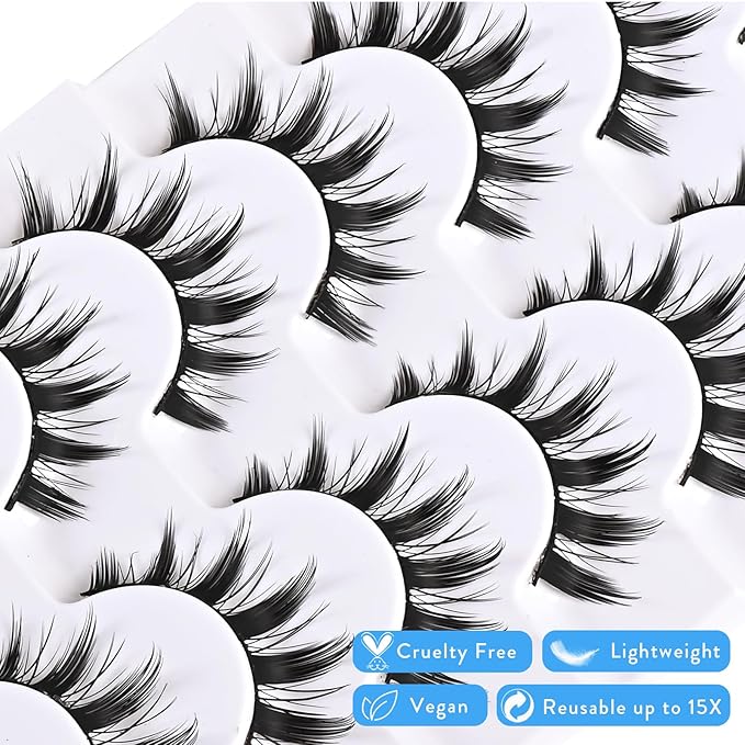 Manga Lashes Anime False Eyelashes Cat Eye Lash Strips Manhua Eye Lashes Natural Look Doll Spike Wispy Fake Mink Lashes Fluffy Eyelash Pack 8 Pairs 8-15mm Short Manhwa Pestañas for Women