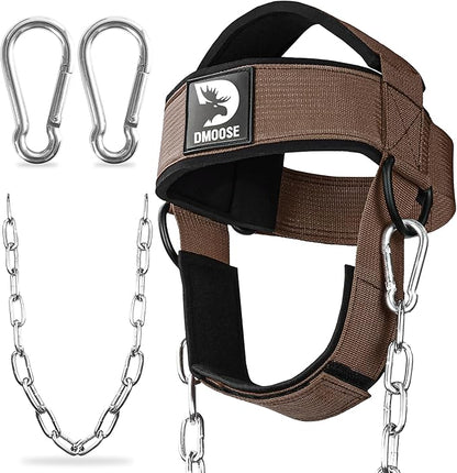 DMoose Fitness Neck Harness for Weight Lifting - Soft Padded Head & Chin Strap with 30" Heavy Duty Steel Chain - Neck Exerciser, Trainer & Strengthener to Support Injury Recovery and Intense Workouts