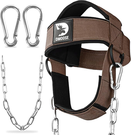 DMoose Fitness Neck Harness for Weight Lifting - Soft Padded Head & Chin Strap with 30" Heavy Duty Steel Chain - Neck Exerciser, Trainer & Strengthener to Support Injury Recovery and Intense Workouts