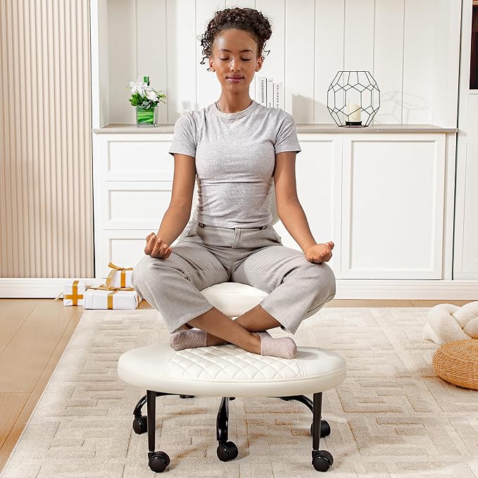 Ergonomic Cross Legged Office Chair with Wheels - Adjustable Height for Meditation, ADHD Desk & Yoga - Wide Criss Cross Design with Lumbar Support, Kneeling Chair - White