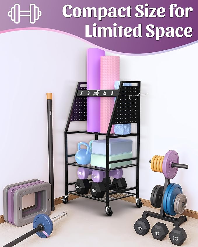 Mythinglogic Dumbbell Rack for Home Gym, Weight Rack for Dumbbells, Multifunctional Yoga Mat Holder for Barbell plates and Kettlebells, Home Gym Storage Rack with Casters