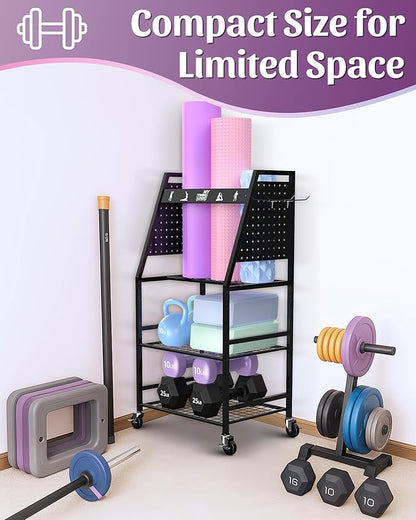 Mythinglogic Dumbbell Rack for Home Gym, Weight Rack for Dumbbells, Multifunctional Yoga Mat Holder for Barbell plates and Kettlebells, Home Gym Storage Rack with Casters