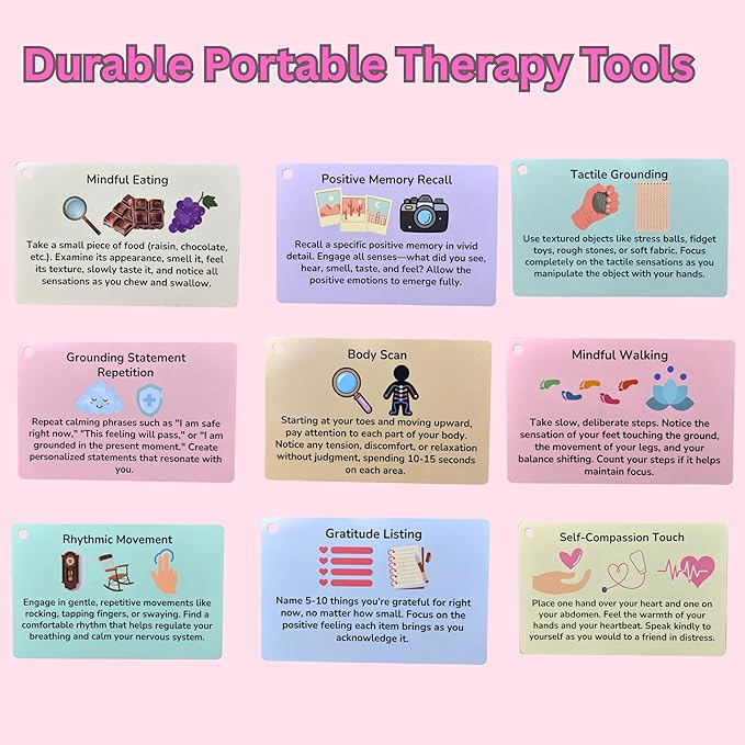 Grounding Cards & Anxiety Stickers Set, Therapy Games for Teens & Adults, 23 Coping Skills for Stress Relief with Explanations, Mindfulness Tools for Trauma, PTSD, BPD | Mental Health Self Care Gift