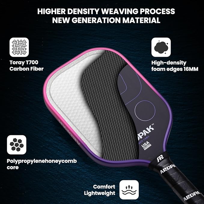 Pickleball Paddle, T700 Carbon Fiber Abrasion-Resistant Surface, 16MM Polypropylene Honeycomb core, USAPA Approved, High Grit,The Pickleball Paddle Designed for Control Spin & Consistency