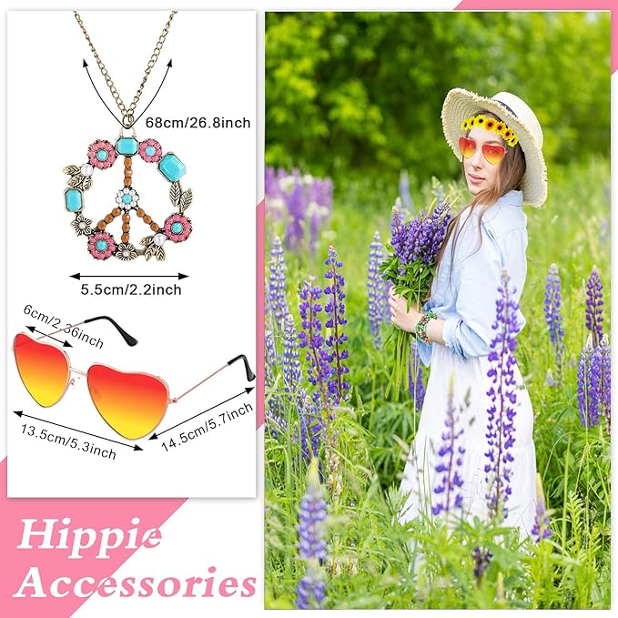 5 Pcs Hippie Costume Accessories Set Women, 60s 70s Party Dressing Accessory Peace Sign Necklace Party Decorations for Party