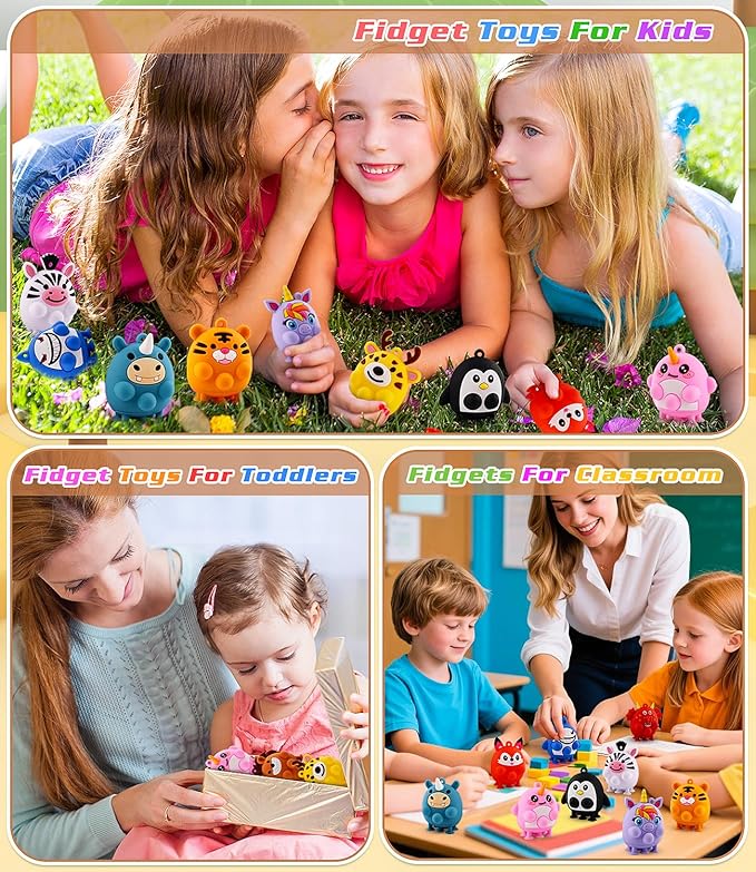 Animal Pop Fidget Toys with Suction, 12PCS Silicone Stress Relief Toys for Calming, Autism and ADHD, Fidgets for Kids Classroom, Travel & Bath Toys for Toddlers, Gifts for Kids Girls Boys