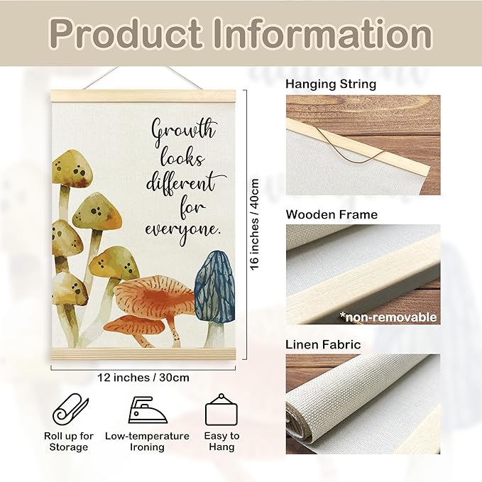 TLESKE Mental Health Mushroom Poster Hanger Frame for Therapy Counseling Office Classroom Nursery, FALL Inspirational Hanging Wall Art Decor, Growth Looks Different for Everyone Prints Picture, 12x16