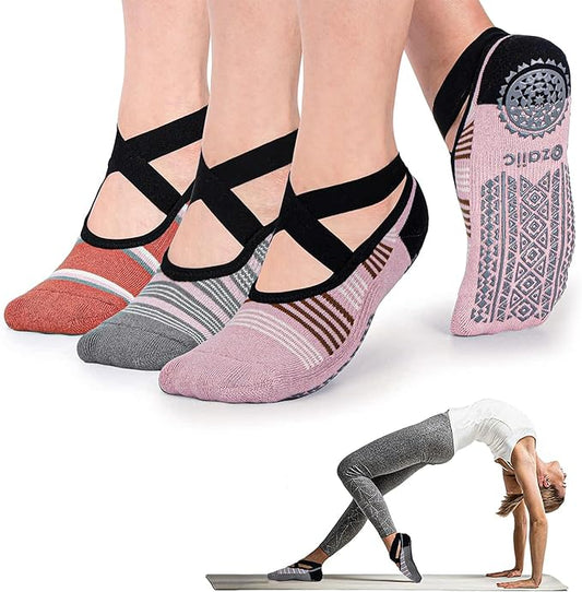 Ozaiic Yoga Socks for Women Non-Slip Grips & Straps, Ideal for Pilates, Pure Barre, Ballet, Dance, Barefoot Workout