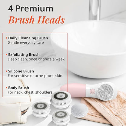 Raedia Daily Facial Cleansing Brush with 4 Interchangeable Brush Heads by Vanity Planet - Handheld, Lightweight for Glowing Skin - Water Resistant Face Exfoliator - Dusty Pink