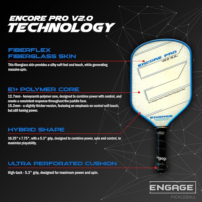 Engage Encore Pro V2.0 Pickleball Paddle – FiberFlex Fiberglass Face for Power & Spin, Available in Two Core Options (12.7mm for Power, 15.2mm for Control), Versatile Hybrid Shape