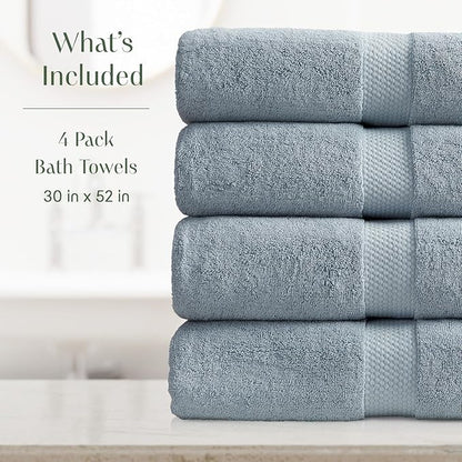 Springtree Home Blue Bath Towels Set of 4 | Classic Hotel Bath Towels | 100% Combed Cotton | Absorbent Quick-Dry Towels for Bathroom | Oeko-TEX® Standard 100 Cotton | Cynewski Collection - Blue Fog