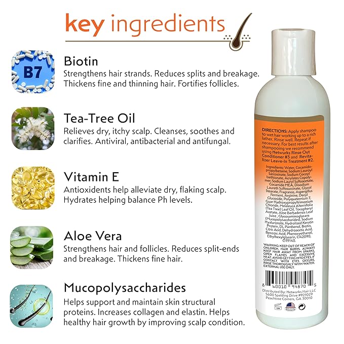 Regrowth Hair & Scalp Revitalizing Shampoo with Biotin, Aloe, Tea Tree Oil & Mucopolysaccharides (sugar polymer) for Split Ends & Breakage, 8 oz.
