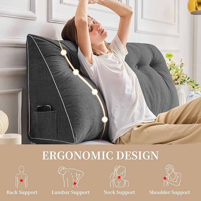 Sasttie Headboard Pillow King, Wedge Pillow Headboard for Sitting Up in Bed, Back-Rest Support Triangular Cushion for Reading - Features Removable Washable Cover, Dark Grey