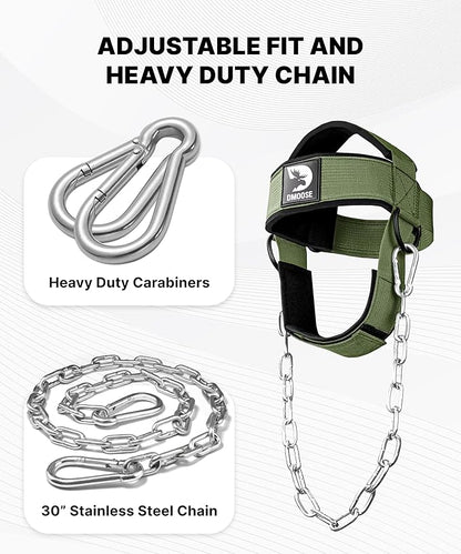 DMoose Fitness Neck Harness for Weight Lifting - Soft Padded Head & Chin Strap with 30" Heavy Duty Steel Chain - Neck Exerciser, Trainer & Strengthener to Support Injury Recovery and Intense Workouts