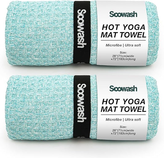 2 Pack Hot Yoga Towel Yoga Mat Towels Non Slip for Hot Yoga Stickyfiber Microfiber Quick Dry Soft Absorbent with Corner Pockets Cover Bikram Pilates Exercise Fitness 24" X 72" Blue Green