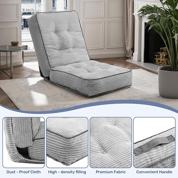 HollyHOME Adjustable Floor Chair with 6 Positions, Folding Lazy Sofa Recliner with Back Support, Thick Sponge Cushion and Portable Handle, Comfy Gaming Meditation Chair for Dorm, Bedroom, Light Grey