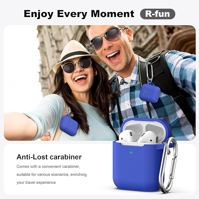 R-fun Compatible with AirPods Case Cover, Soft Silicone Protective Cover with Keychain for Women Men Compatible with Apple AirPods 2nd 1st Generation Charging Case, Front LED Visible,Blue