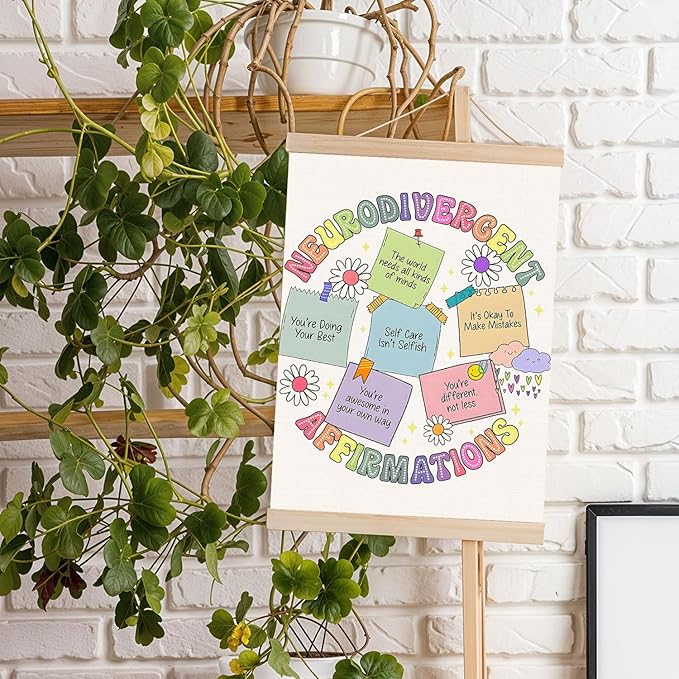 DNEULYR Neurodivergent Affirmations Inspirational Mental Health Wall Art Poster, ADHD Neurodivergent Autism Acceptance Ayslexia Wall Decor for Classroom Counselor Therapy Office Decor, 12x16 Inches