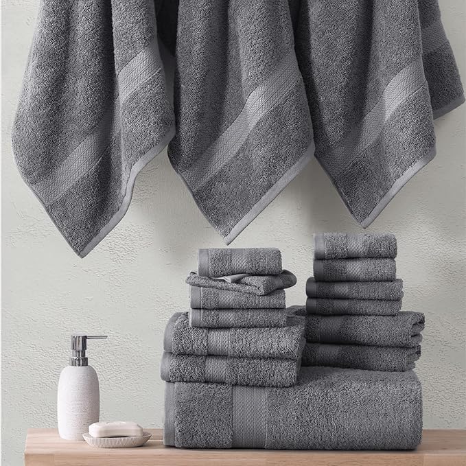 LANE LINEN Cotton Bathroom Towels Set - 24 Pcs - Ringspun, Quick Dry, Very Soft & Absorbent - 2 Bath Sheets, 4 Bath Towel, 6 Hand Towel, 8 Washcloths, 4 Fingertip - Pre Shrunk - Cool Grey