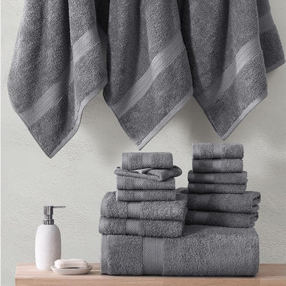 LANE LINEN Cotton Bathroom Towels Set - 24 Pcs - Ringspun, Quick Dry, Very Soft & Absorbent - 2 Bath Sheets, 4 Bath Towel, 6 Hand Towel, 8 Washcloths, 4 Fingertip - Pre Shrunk - Cool Grey