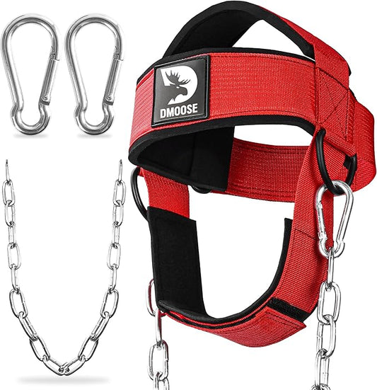 DMoose Fitness Neck Harness for Weight Lifting - Soft Padded Head & Chin Strap with 30" Heavy Duty Steel Chain - Neck Exerciser, Trainer & Strengthener to Support Injury Recovery and Intense Workouts