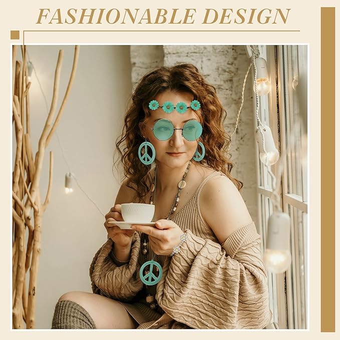 Batiyeer 6 Pcs Hippie Costume Accessories Set, Boho Peace Sign Daisy Flower 60s 70s Party Favors Decor for Groovy Party Women