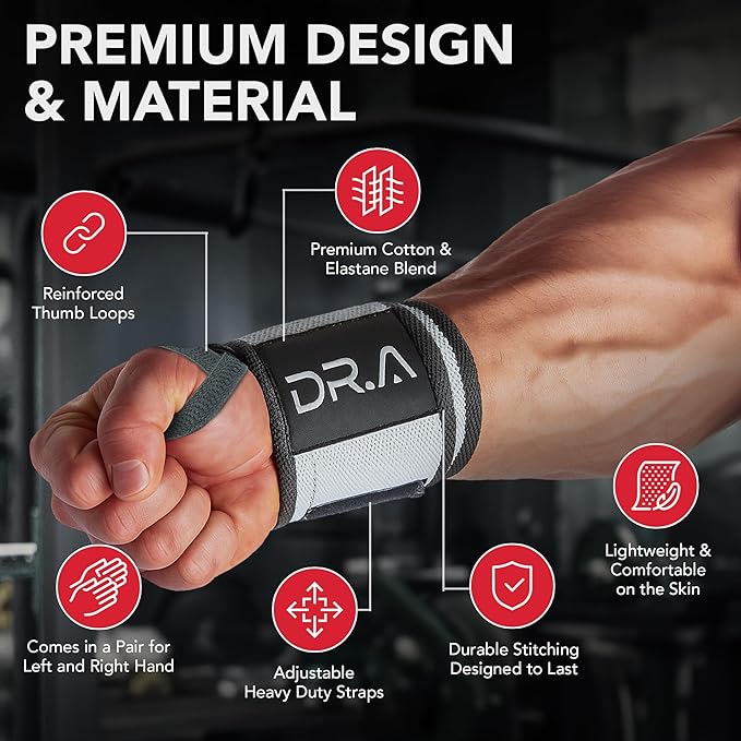 Dr. Arthritis Weight Lifting Wrist Wraps with Thumb Loop, Heavy-Duty Gym Wraps & Hand Strap to Help Joints During Hybrid Training, Non-Slip Wrist Straps for Weightlifting Men & Women Use (Grey-White)