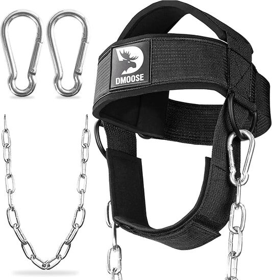 DMoose Fitness Neck Harness for Weight Lifting - Soft Padded Head & Chin Strap with 30" Heavy Duty Steel Chain - Neck Exerciser, Trainer & Strengthener to Support Injury Recovery and Intense Workouts