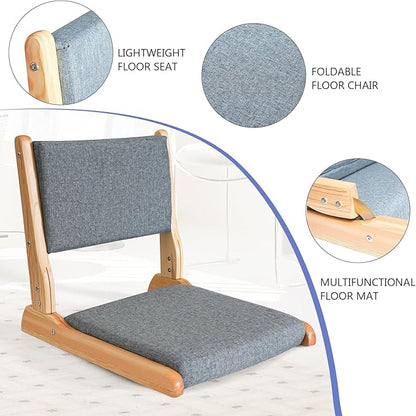 Japanese Floor Chair with Back Support, Foldable Meditation Chair, Legless Tatami Chair with Cushion, Floor Seat for Living Room, Bedroom, Bay Window (1, Dark Gray)