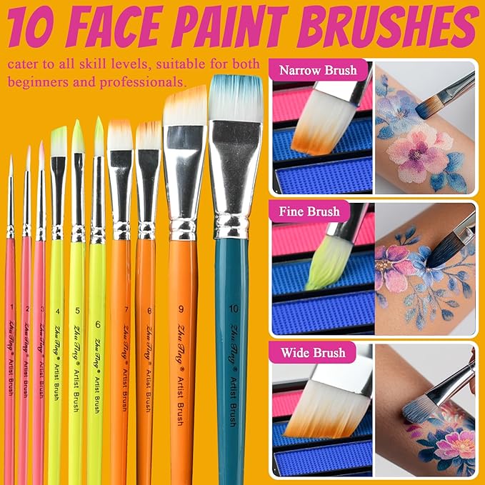 Face Painting Kit Professional, Water Based Face Paint Kit, Non Toxic Face Paint Palette with Body Glitter Gel, Neon Face Paint, Glitter Face Paint & 10 Face Paint Brushes for Halloween, Easter