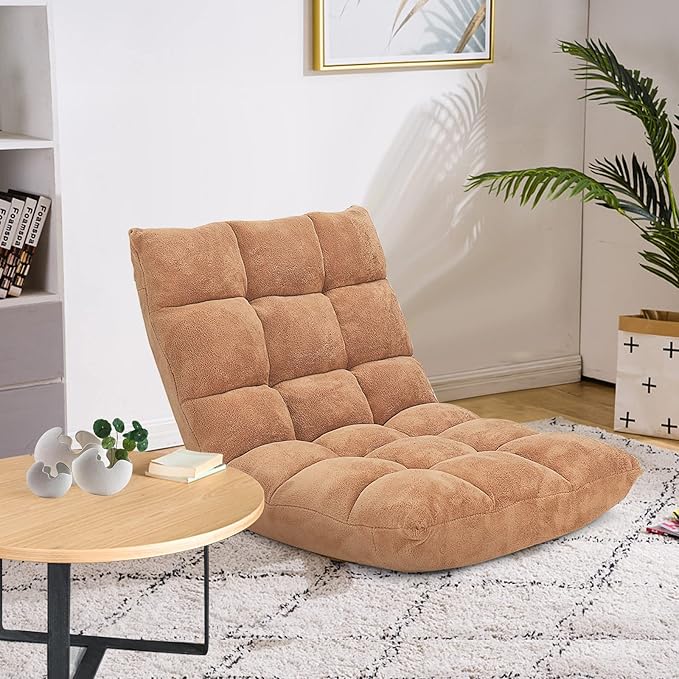 Moccha 14-Position Floor Chair, Folding Sofa Chair with Back Support, Memory Foam Floor Gaming Chairs for Adults, Adjustable Padded Couch Recliner Sleeper Bed for Reading, Meditating, Beige