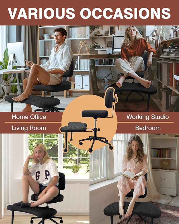 PYY Cross Legged Office Chair - Upgraded Durable Tech Fabric Meditation ADHD Office Chair w/Wheels, SGS Gas Rod, Load Capacity 300LBS, Squatting Kneeling Fidget Chair for Home & Office, Black