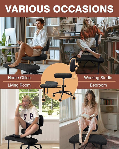 PYY Cross Legged Office Chair - Upgraded Durable Tech Fabric Meditation ADHD Office Chair w/Wheels, SGS Gas Rod, Load Capacity 300LBS, Squatting Kneeling Fidget Chair for Home & Office, Black