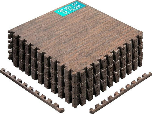 Yes4All 48SQ.FT Wood Grain Puzzle Exercise Mat Protective Flooring, EVA Interlocking Foam Floor Tiles with Border for Home