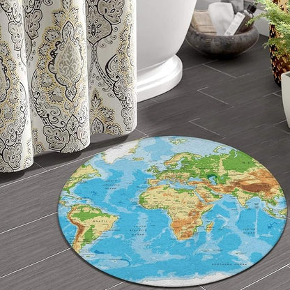 Soft Round Yoga Carpet, Large Home Decor Mat, Non-Slip Machine Washable Kitchen Office Circle Rug Compatible with World Map
