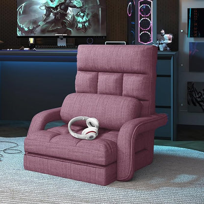 Adjustable Floor Gaming Chair for Adults, 6-Position Chaise Lounge Chair with Meditation Arm, Foldable Lazy Sofa with Pillow, Comfy Chair Indoor for Bedroom Dorm Living Room, Purple