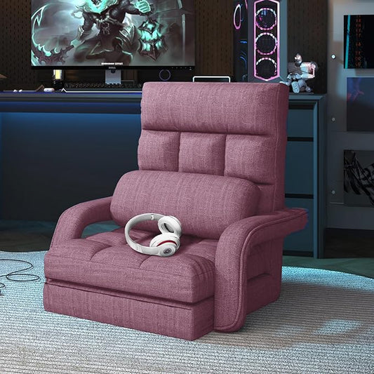 Adjustable Floor Gaming Chair for Adults, 6-Position Chaise Lounge Chair with Meditation Arm, Foldable Lazy Sofa with Pillow, Comfy Chair Indoor for Bedroom Dorm Living Room, Purple