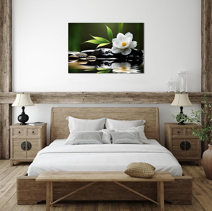 YIOZHAOFH Lotus Flower Wall Art Zen Canvas Inhale Exhale Poster Black Spas Nature Prints Pictures for Meditation Wall Decor Framed Artwork Ready to Hang (28.00" x 44.00")