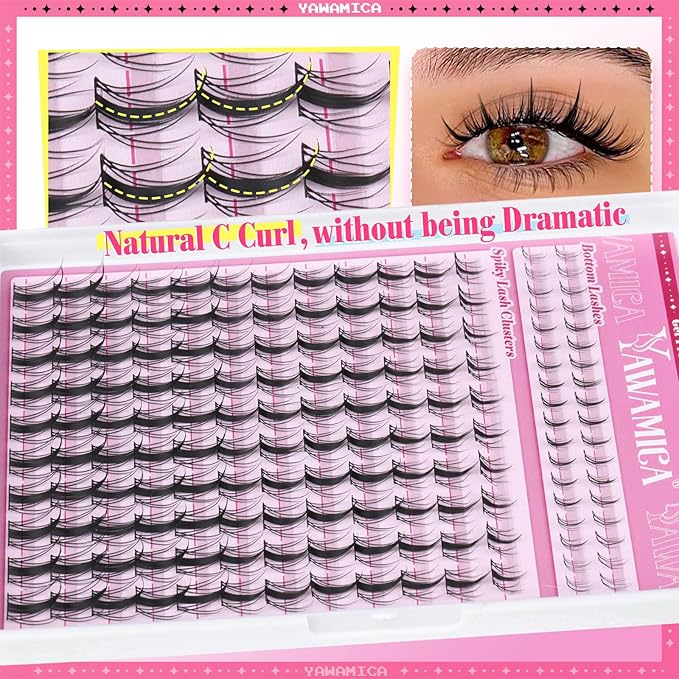 Yawamica Fairy Lash Clusters DIY Eyelash Extensions Manga Eyelash Clusters C Curly Spiky Anime Lashes Wispy Individual Lashes 8-16mm with 5-6mm Bottom Lashes Clusters for Manga Lash look (Fairy)
