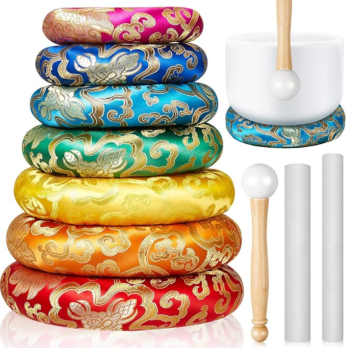 10 Pcs Singing Bowl Cushion Set 7 Silk Cloth O Ring with 3 Crystal Singing Bowl Mallet Include Solid and Hollow Stick Wood Handle Rubber Mallet for 6-12" Tibetan Sound Meditation(Rainbow)