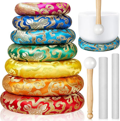 10 Pcs Singing Bowl Cushion Set 7 Silk Cloth O Ring with 3 Crystal Singing Bowl Mallet Include Solid and Hollow Stick Wood Handle Rubber Mallet for 6-12" Tibetan Sound Meditation(Rainbow)