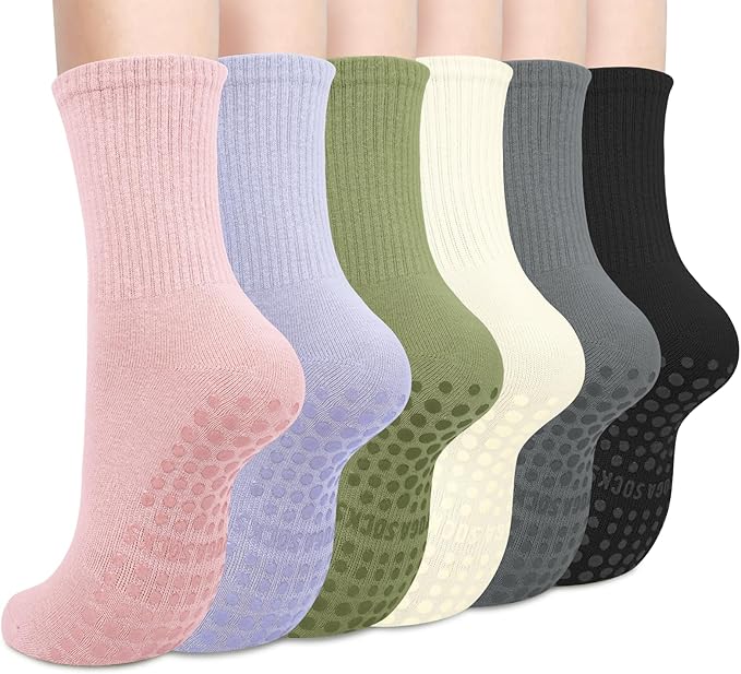 Justay 6 Pairs Pilates Socks with Grips for Women Soft Non Slip Crew Cotton Athletic Workout Barre Hospital Yoga Socks