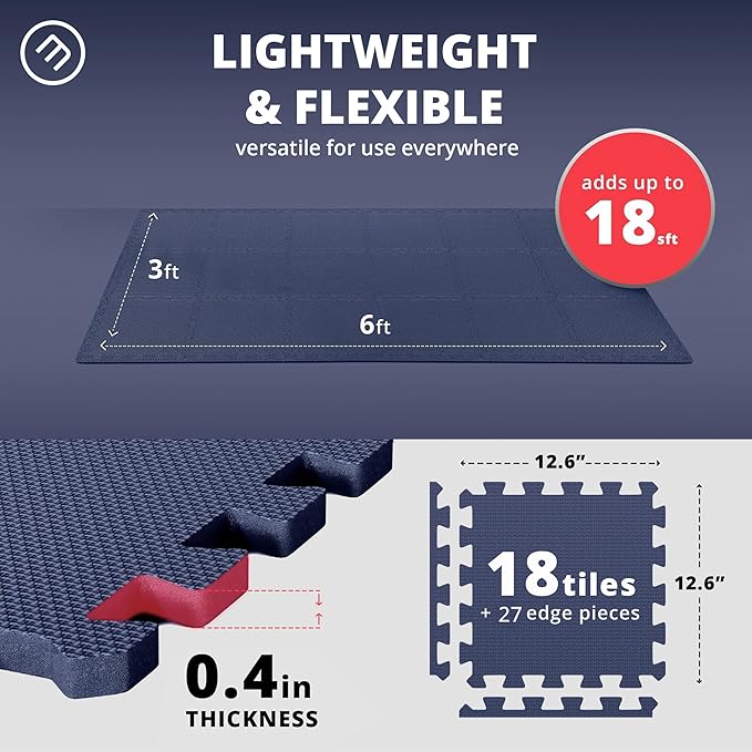 bemaxx Gym Mats Set - 18 pcs EVA Interlocking Foam Floor Tiles (12.6"x12.6"x0.4") 18sqft Protective Gym Flooring Sports Home Workout Exercise Mats Puzzle Garage Fitness Play-Room Garage Pool Treadmill