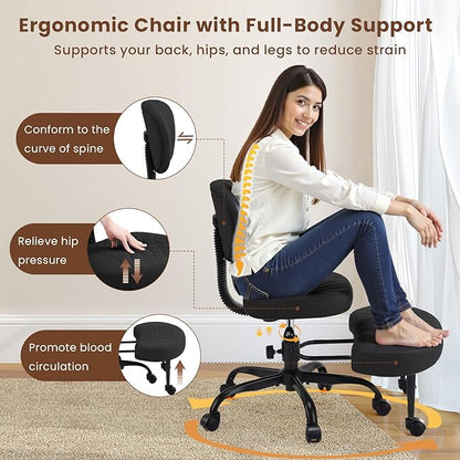 Cross Legged Office Chair with Wheels, Wide Criss Cross Kneeling Home Office Desk Chairs with Back Support, Ergonomic Adjustable Height ADHD Stool with Rotating Footrest for Yoga Meditation