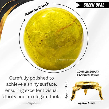 Amazing Gemstone Green Opal Crystal Ball with Stand - 2 Inches Crystal Sphere Meditation Balls for Witchcraft and Decorative Balls