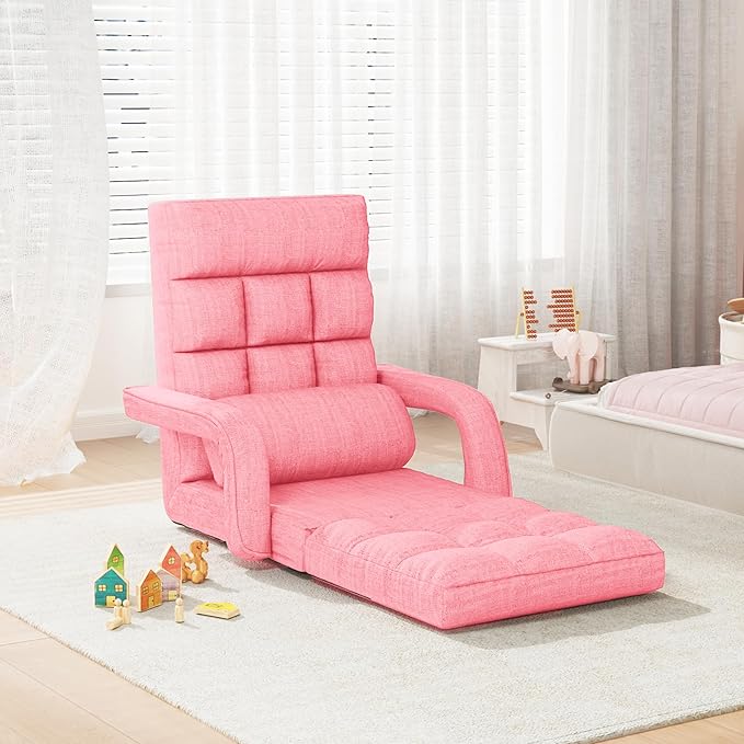 Adjustable Floor Gaming Chair for Adults, 6-Position Chaise Lounge Chair with Meditation Arm, Foldable Lazy Sofa with Pillow, Comfy Chair Indoor for Bedroom Dorm Living Room, Pink
