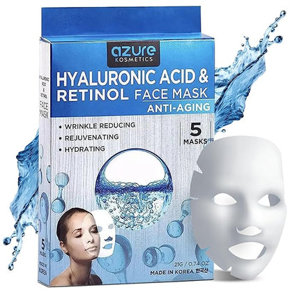 Azure Cosmetics Hyaluronic Acid & Retinol Face Mask - Dermatologist Tested - Rejuvenating & Hydrating Sheet Mask - Reduce Fine Lines & Wrinkles, Smooths & Repairs - Korean Skin Care - Pack of 5