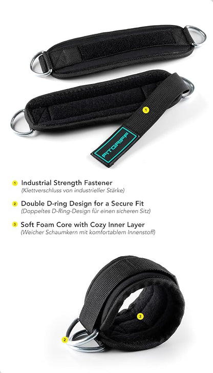 Fitgriff® Ankle Straps V3 for Cable Machine (2 Pieces) - Gym Workout Equipment - Leg Pulley Attachment, Kickback Straps