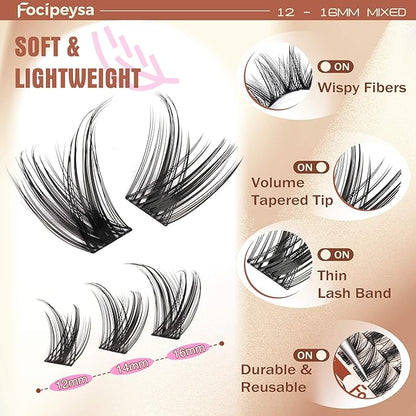 Focipeysa Wispy Lash Clusters Fairy Lashes 12-16mm Eyelashes Clusters Natural Look Lashes Extensions Salon Effect Individual Eyelash Extensions DIY Lash Extension at Home